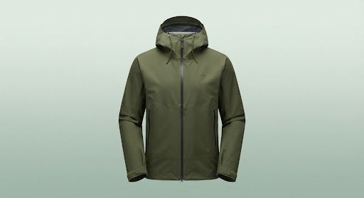Minimalist waterproof olive green hooded outdoor performance jacket
